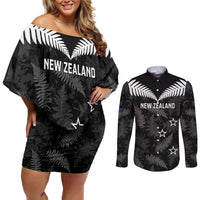 Custom New Zealand Silver Fern Football Couples Matching Off Shoulder Short Dress and Long Sleeve Button Shirt Go Aotearoa Grunge Black - Polynesian Pride