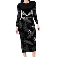Custom New Zealand Silver Fern Football Long Sleeve Bodycon Dress Go Aotearoa Grunge Black - Polynesian Pride