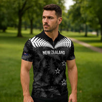 Custom New Zealand Silver Fern Football Zipper Polo Shirt Go Aotearoa Grunge Black - Polynesian Pride