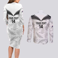 Custom New Zealand Silver Fern Football Couples Matching Long Sleeve Bodycon Dress and Long Sleeve Button Shirt Go Aotearoa Grunge White - Polynesian Pride