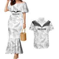 Custom New Zealand Silver Fern Football Couples Matching Mermaid Dress and Hawaiian Shirt Go Aotearoa Grunge White - Polynesian Pride