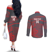 Custom New Caledonia Football Couples Matching Off The Shoulder Long Sleeve Dress and Long Sleeve Button Shirt Allez Les Cagous Grey Version - Polynesian Pride