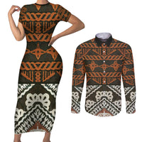 Bula Fiji Tapa Couples Matching Short Sleeve Bodycon Dress and Long Sleeve Button Shirt Fijian Masi Vintage Vibes - Polynesian Pride