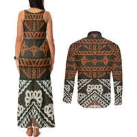 Bula Fiji Tapa Couples Matching Tank Maxi Dress and Long Sleeve Button Shirt Fijian Masi Vintage Vibes - Polynesian Pride