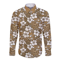 Kuvui Bula Fiji Long Sleeve Button Shirt Fijian Tapa Seamless Hibiscus LT14 Unisex Brown - Polynesian Pride