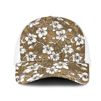 Kuvui Bula Fiji Mesh Trucker Cap Fijian Tapa Seamless Hibiscus LT14 One Size White Brown - Polynesian Pride