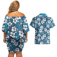 Karakarawa Bula Fiji Couples Matching Off Shoulder Short Dress and Hawaiian Shirt Fijian Tapa Seamless Hibiscus - Polynesian Pride