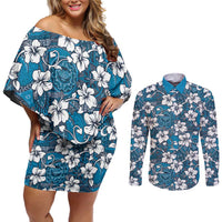 Karakarawa Bula Fiji Couples Matching Off Shoulder Short Dress and Long Sleeve Button Shirt Fijian Tapa Seamless Hibiscus - Polynesian Pride