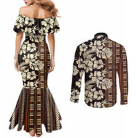 Bula Fiji Masi Couples Matching Mermaid Dress and Long Sleeve Button Shirt Tapa Tropical Hibiscus Half Stylized - Polynesian Pride