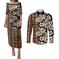 Bula Fiji Masi Couples Matching Puletasi and Long Sleeve Button Shirt Tapa Tropical Hibiscus Half Stylized - Polynesian Pride