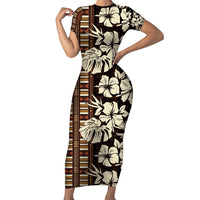 Bula Fiji Masi Short Sleeve Bodycon Dress Tapa Tropical Hibiscus Half Stylized - Polynesian Pride