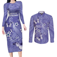 Polynesia Stomach Cancer Awareness Couples Matching Long Sleeve Bodycon Dress and Long Sleeve Button Shirt Periwinkle Ribbon Brave Strong! LT14 Periwinkle - Polynesian Pride