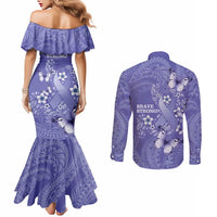 Polynesia Stomach Cancer Awareness Couples Matching Mermaid Dress and Long Sleeve Button Shirt Periwinkle Ribbon Brave Strong! LT14 - Polynesian Pride