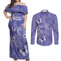 Polynesia Stomach Cancer Awareness Couples Matching Off Shoulder Maxi Dress and Long Sleeve Button Shirt Periwinkle Ribbon Brave Strong! LT14 Periwinkle - Polynesian Pride