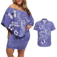 Polynesia Stomach Cancer Awareness Couples Matching Off Shoulder Short Dress and Hawaiian Shirt Periwinkle Ribbon Brave Strong! LT14 Periwinkle - Polynesian Pride