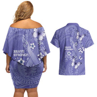 Polynesia Stomach Cancer Awareness Couples Matching Off Shoulder Short Dress and Hawaiian Shirt Periwinkle Ribbon Brave Strong! LT14 - Polynesian Pride