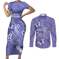 Polynesia Stomach Cancer Awareness Couples Matching Short Sleeve Bodycon Dress and Long Sleeve Button Shirt Periwinkle Ribbon Brave Strong! LT14 Periwinkle - Polynesian Pride