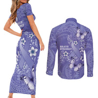 Polynesia Stomach Cancer Awareness Couples Matching Short Sleeve Bodycon Dress and Long Sleeve Button Shirt Periwinkle Ribbon Brave Strong! LT14 - Polynesian Pride