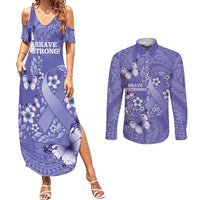 Polynesia Stomach Cancer Awareness Couples Matching Summer Maxi Dress and Long Sleeve Button Shirt Periwinkle Ribbon Brave Strong! LT14 Periwinkle - Polynesian Pride