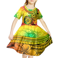 Halo Vanuatu Kid Short Sleeve Dress Sand Drawing Turtle Polynesian Tropical Flowers LT14 - Polynesian Pride