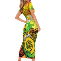 Halo Vanuatu Short Sleeve Bodycon Dress Sand Drawing Turtle Polynesian Tropical Flowers LT14 - Polynesian Pride