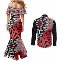New Zealand Couples Matching Mermaid Dress and Long Sleeve Button Shirt Aotearoa Kowhaiwhai Mix Taniko Art - Red