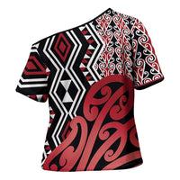 New Zealand Cross Shoulder Shirt Aotearoa Kowhaiwhai Mix Taniko Art - Red - Polynesian Pride