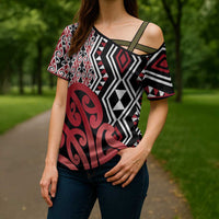 New Zealand Cross Shoulder Shirt Aotearoa Kowhaiwhai Mix Taniko Art - Red - Polynesian Pride