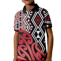 New Zealand Kid Polo Shirt Aotearoa Kowhaiwhai Mix Taniko Art - Red