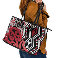 New Zealand Leather Tote Bag Aotearoa Kowhaiwhai Mix Taniko Art - Red LT14 - Polynesian Pride