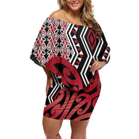 New Zealand Off Shoulder Short Dress Aotearoa Kowhaiwhai Mix Taniko Art - Red