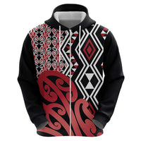 New Zealand Zip Hoodie Aotearoa Kowhaiwhai Mix Taniko Art - Red