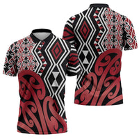 New Zealand Zipper Polo Shirt Aotearoa Kowhaiwhai Mix Taniko Art - Red - Polynesian Pride