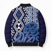 New Zealand Bomber Puffer Jacket Aotearoa Kowhaiwhai Mix Taniko Art - Blue - Polynesian Pride