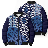 New Zealand Bomber Puffer Jacket Aotearoa Kowhaiwhai Mix Taniko Art - Blue - Polynesian Pride