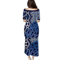 New Zealand Puletasi Aotearoa Kowhaiwhai Mix Taniko Art - Blue LT14 - Polynesian Pride