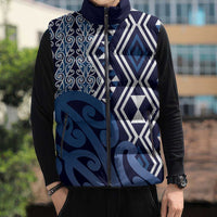 New Zealand Sleeveless Puffer Jacket Aotearoa Kowhaiwhai Mix Taniko Art - Blue - Polynesian Pride