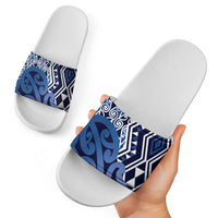 New Zealand Slide Sandals Aotearoa Kowhaiwhai Mix Taniko Art - Blue - Polynesian Pride