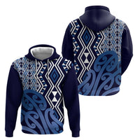 New Zealand Zip Hoodie Aotearoa Kowhaiwhai Mix Taniko Art - Blue