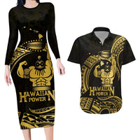 Gold Hawaii Ikaika Warrior Couples Matching Long Sleeve Bodycon Dress and Hawaiian Shirt Hawaiian Power