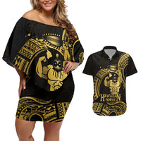Gold Hawaii Ikaika Warrior Couples Matching Off Shoulder Short Dress and Hawaiian Shirt Hawaiian Power LT14 Gold - Polynesian Pride