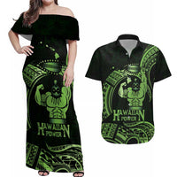 Green Hawaii Ikaika Warrior Couples Matching Off Shoulder Maxi Dress and Hawaiian Shirt Hawaiian Power LT14 Green - Polynesian Pride