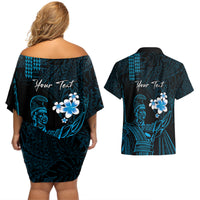 Personalised Hawaii King Kamehameha Day Couples Matching Off Shoulder Short Dress and Hawaiian Shirt Plumeria With Kakau Pattern - Blue