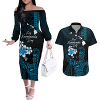 Personalised Hawaii King Kamehameha Day Couples Matching Off The Shoulder Long Sleeve Dress and Hawaiian Shirt Plumeria With Kakau Pattern - Blue