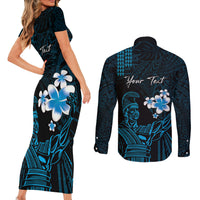 Personalised Hawaii King Kamehameha Day Couples Matching Short Sleeve Bodycon Dress and Long Sleeve Button Shirt Plumeria With Kakau Pattern - Blue