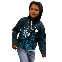 Personalised Hawaii King Kamehameha Day Kid Hoodie Plumeria With Kakau Pattern - Blue