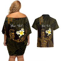 Personalised Hawaii King Kamehameha Day Couples Matching Off Shoulder Short Dress and Hawaiian Shirt Plumeria With Kakau Pattern - Gold