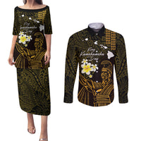 Personalised Hawaii King Kamehameha Day Couples Matching Puletasi and Long Sleeve Button Shirt Plumeria With Kakau Pattern - Gold LT14 Gold - Polynesian Pride