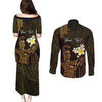 Personalised Hawaii King Kamehameha Day Couples Matching Puletasi and Long Sleeve Button Shirt Plumeria With Kakau Pattern - Gold LT14 - Polynesian Pride