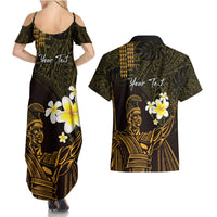 Personalised Hawaii King Kamehameha Day Couples Matching Summer Maxi Dress and Hawaiian Shirt Plumeria With Kakau Pattern - Gold
